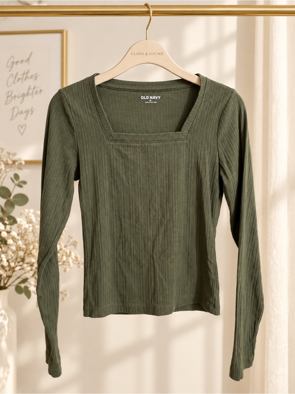 Old Navy Fitted Square Neck Ribbed Long Sleeve Top Alpine Tundra XS